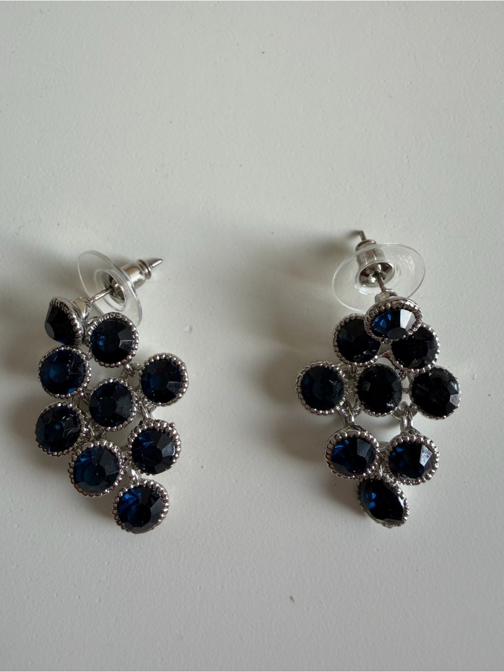 Silver Drop Earrings with Navy Blue Crystal Clusters